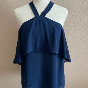 Naked Zebra halter style/cold shoulder blouse. Size Medium. Navy Blue